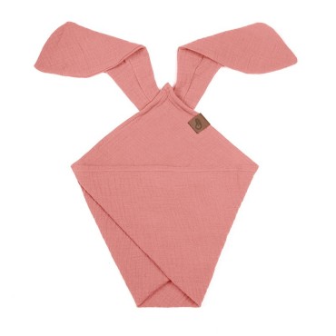 Hi Little One - Pieluszka dou dou BUNNY z organicznej BIO bawełny GOTS cozy muslin with ears 2in1 Salmon