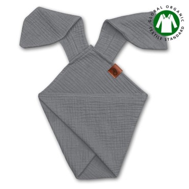 Hi Little One - Pieluszka dou dou BUNNY z organicznej BIO bawełny GOTS cozy muslin with ears 2in1 Grey