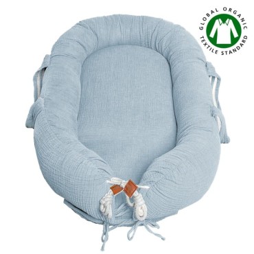 Hi Little One - Kokon gniazdko dla Noworodka z organicznego oddychającego BIO muślinu GOTS NEWBORN NEST Baby Blue