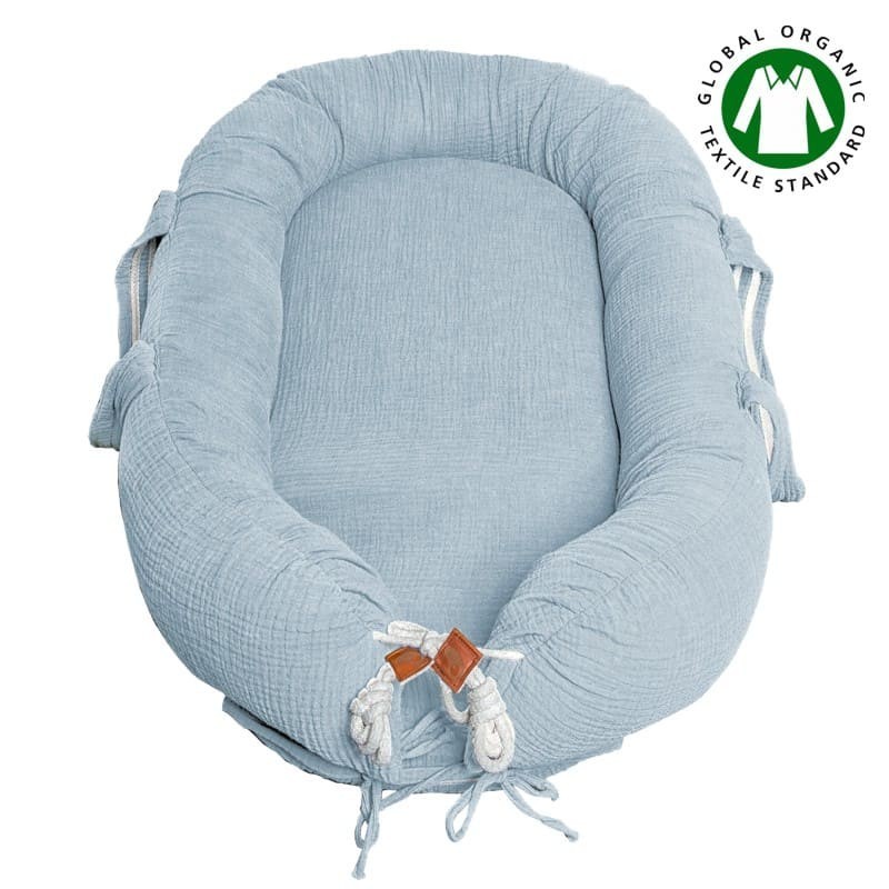 Hi Little One - Kokon gniazdko dla Noworodka z organicznego oddychającego BIO muślinu GOTS NEWBORN NEST Baby Blue