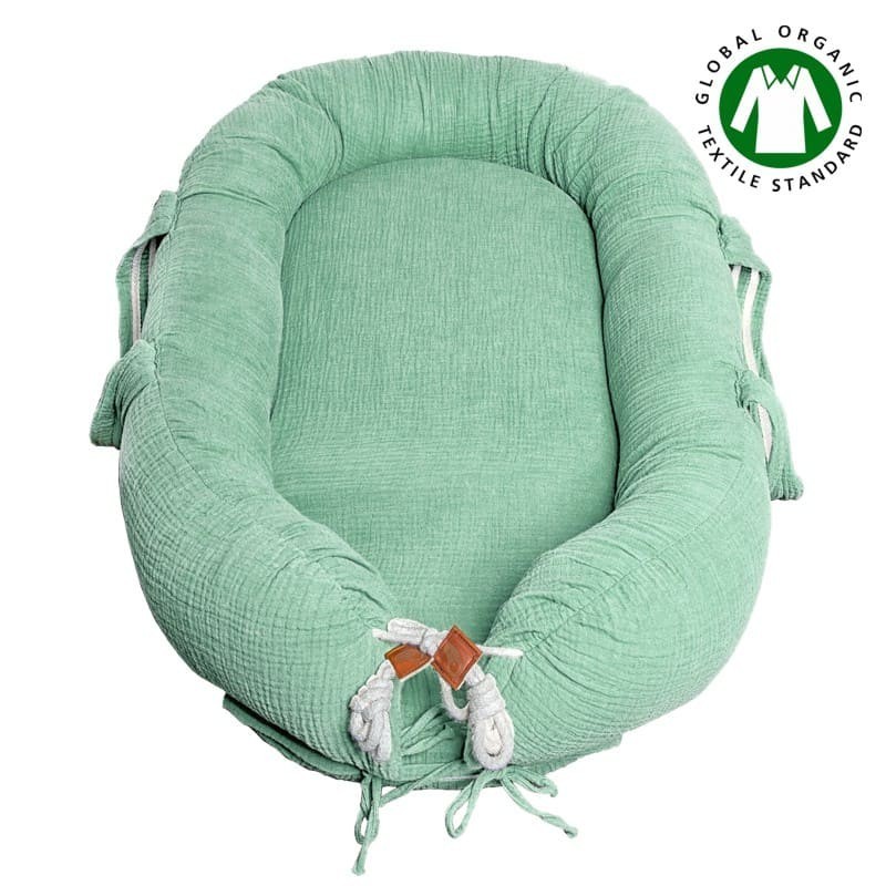 Hi Little One - Kokon gniazdko dla Noworodka z organicznego oddychającego BIO muślinu GOTS NEWBORN NEST Mint