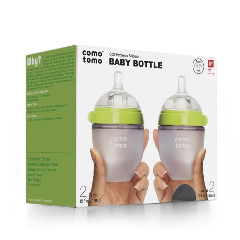 COMOTOMO - 2 antykolkowe butelki silikonowe MOM'S BREAST 150 ml Green NEWBORN 2 pack