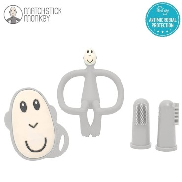 Matchstick Monkey Teething Starter Set Grey - 2 szczoteczki + 2 gryzaki