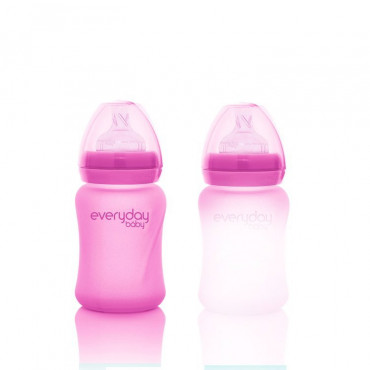 Szklana butelka ze smoczkiem S reagująca na temperaturę, 150 ml, wiśniowa, Everyday Baby