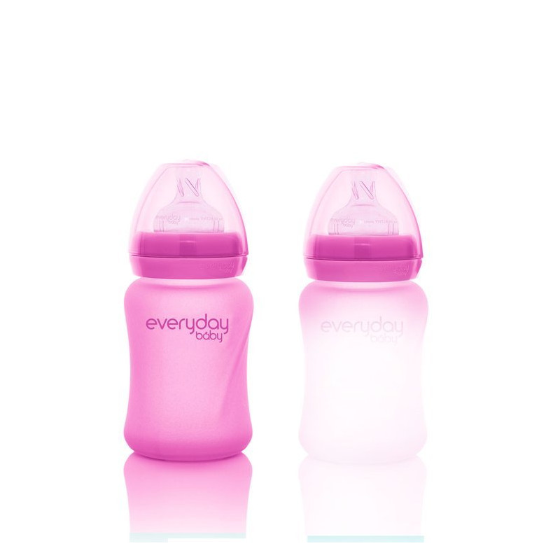 Szklana butelka ze smoczkiem S reagująca na temperaturę, 150 ml, wiśniowa, Everyday Baby